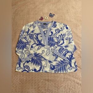 Talbots Blue and White Floral Blouse 100% Cotton Size Petite Large
